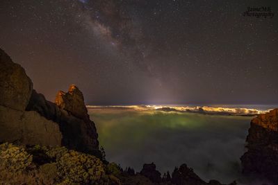 Scenic view of mountains against sky at night