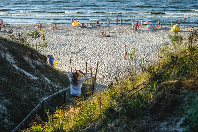 High angle view of people on beach