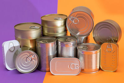 Close-up of coins on yellow background