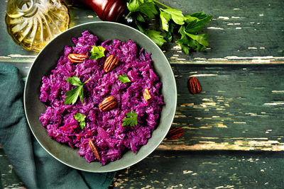 High angle view of chopped vegetables in bowl on table