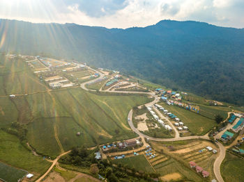 High angle view of agricultural field against sky