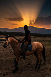 Man riding horse at sunset