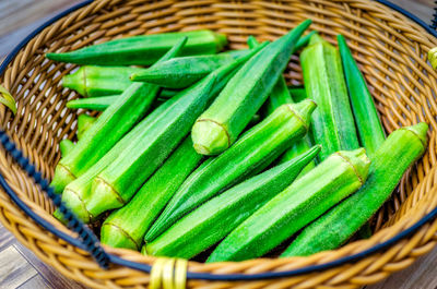 Close-up of green chili peppers in basket