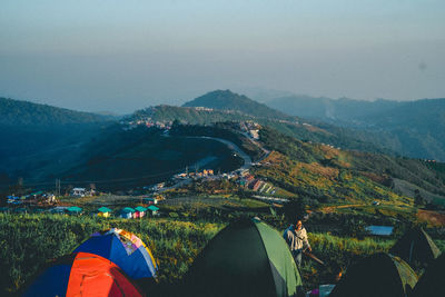 Aerial view of tent on field against sky