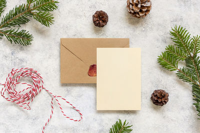 High angle view of christmas decoration on table