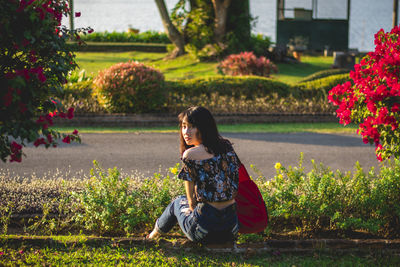 Rear view portrait of young woman sitting at park