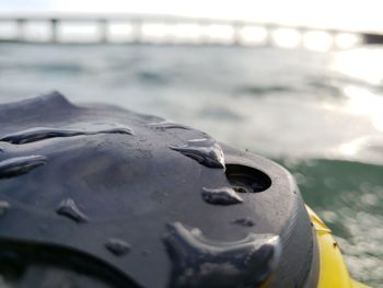 Close-up of wet railing against sea