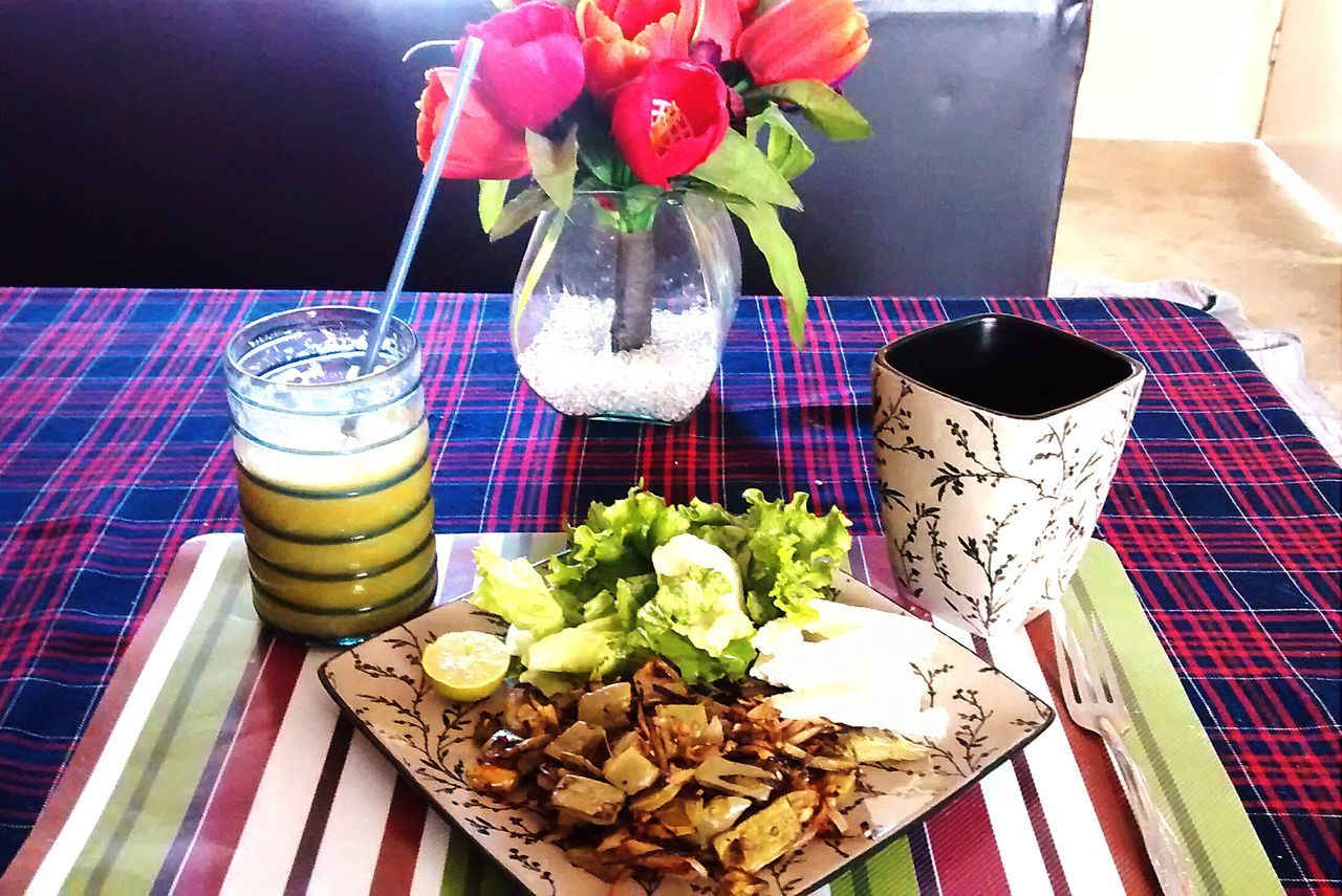 indoors, table, food and drink, freshness, still life, drink, high angle view, food, drinking glass, plate, refreshment, ready-to-eat, glass - material, indulgence, serving size, sweet food, tablecloth, no people, flower, close-up