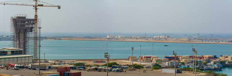 Panorama view from the international port of shahid beheshti in chabahar with cargo ships, iran