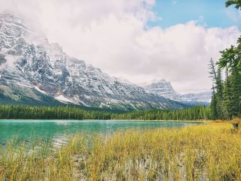 View of lake with mountain range in the background