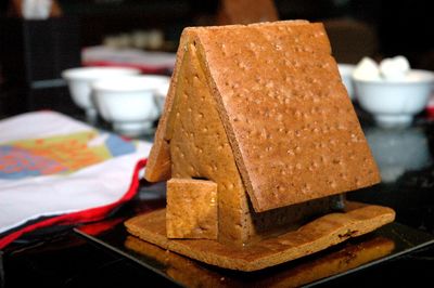 Close-up of gingerbread house on table