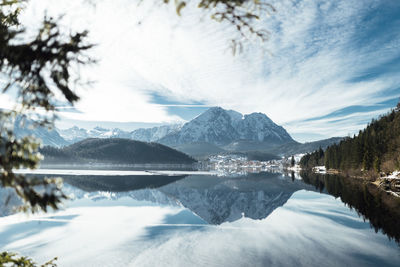 Scenic view of snowcapped mountains against sky