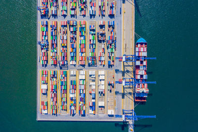 Aerial top view container cargo ship waiting for loading, import export logistic and transportation