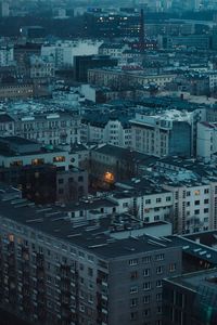 High angle view of illuminated cityscape against sky