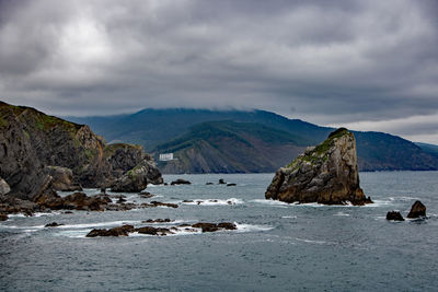 Rocks on shore by sea against sky