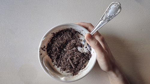 High angle view of woman holding ice cream in bowl