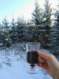 Person holding a glass of wine in winter