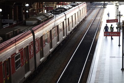 High angle view of train at railroad station