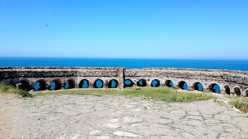 Scenic view of sea against clear blue sky