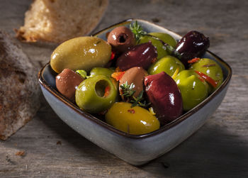 High angle view of fruits in bowl on table