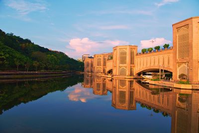 Reflection of buildings in lake