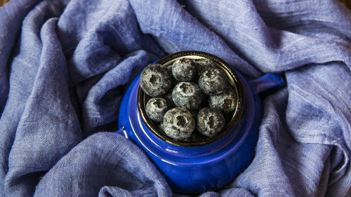 High angle view of black and blue metal