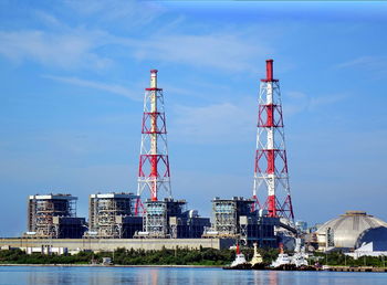 Factory by river against sky