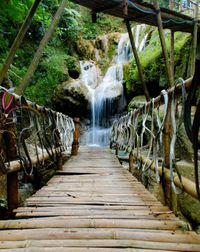 View of waterfall in forest through a bamboo footbridge in low angle view 