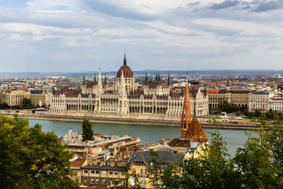 High angle view of hungarian parliament building in cityhigh angle view of buildings in city