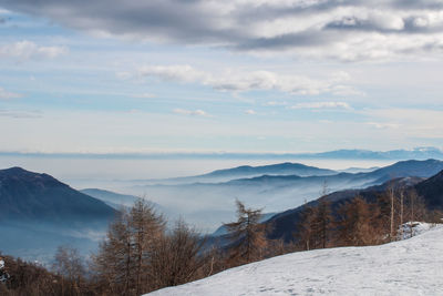 Scenic view of snowcapped mountains against sky