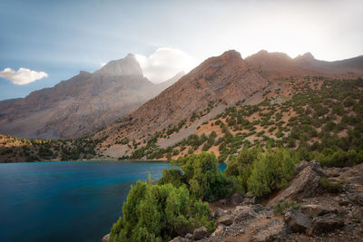 Scenic view of lake and mountains against sky