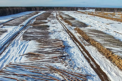 High angle view of snow covered land