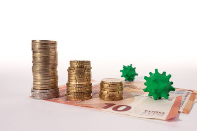 Close-up of stack of objects on white background