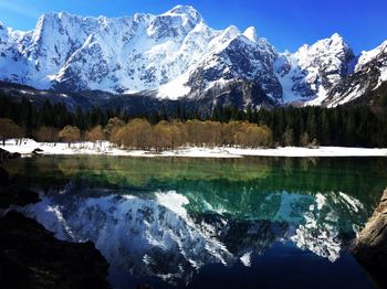 Scenic view of lake and snowcapped mountains against sky