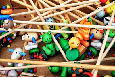 High angle view of toys on wood