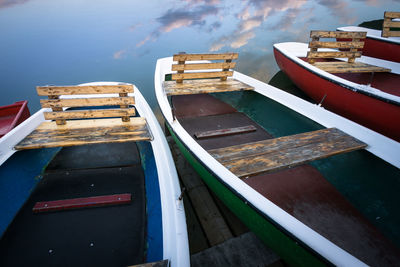 High angle view of old boat moored at lake