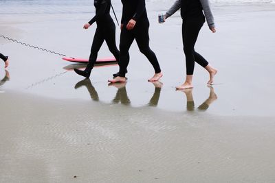 Low section of friends walking at beach