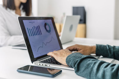Hands of businessman using laptop at desk