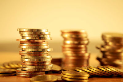 Close-up of coins on table