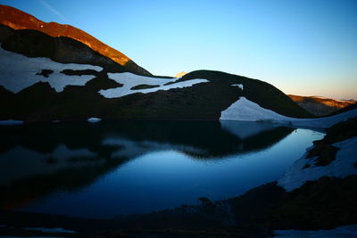 Scenic view of lake and mountains against sky during winter