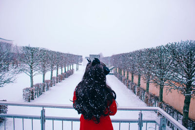 Rear view of person on snow covered landscape against sky