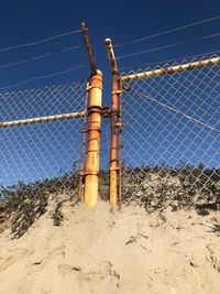 Barbed wire on fence against clear sky