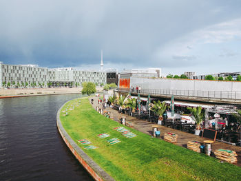 High angle view of river against cloudy sky