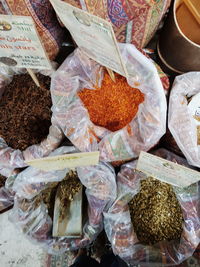 High angle view of spices in market