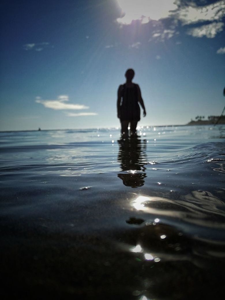 sky, sea, water, nature, silhouette, horizon over water, land, beach, horizon, reflection, beauty in nature, one person, men, holiday, trip, vacations, tranquility, leisure activity, outdoors, contemplation