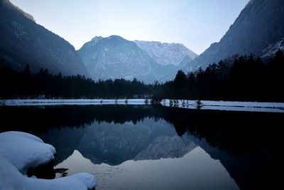 Scenic view of lake and snowcapped mountains against sky