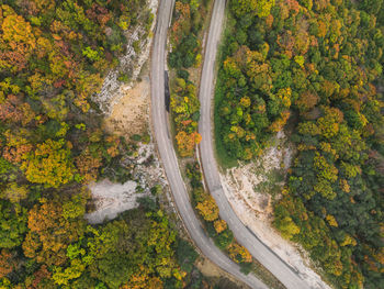 Aerial view of a winding road from a high mountain pass through a dense colorful autumn forest.