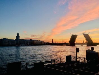 City at waterfront during sunset