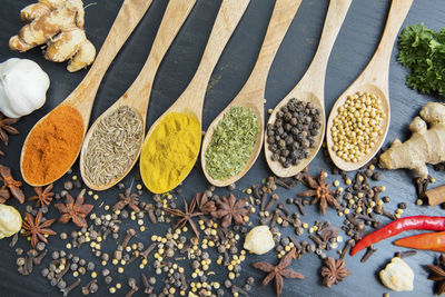 High angle view of spices in wooden spoon and table