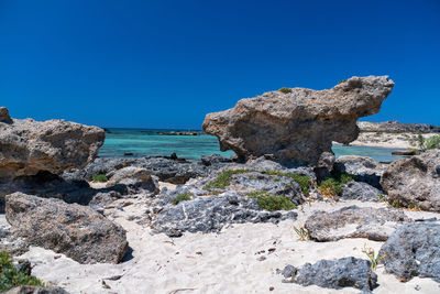 Rock formation on beach against clear blue sky